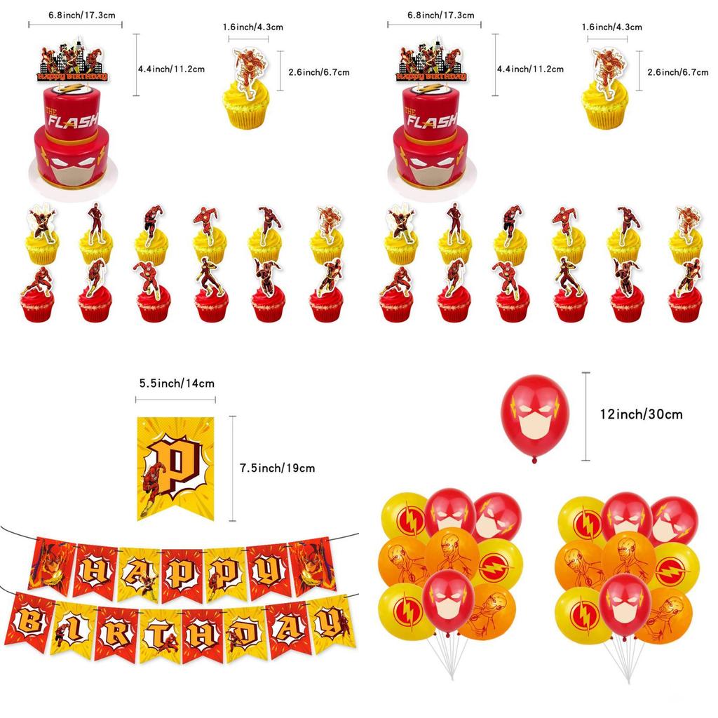 The Flash Themed Birthday Party Decorations Set With Banner, Cake Topper, And Balloons