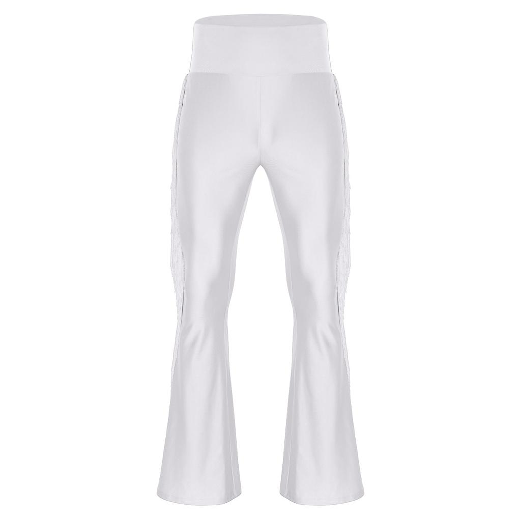 Mens Tassel Flared Pants Vintage High Waist Bell Bottom Trousers Dance Stage Performance