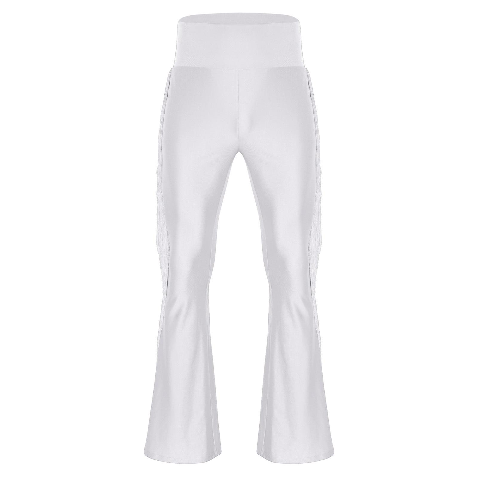 

Чоловічі вінтажні штани-кльош з високою посадкою, розкльошеною штаниною, з китицями для тематичних вечірок у стилі 70-х та танцювальних виступів L білий