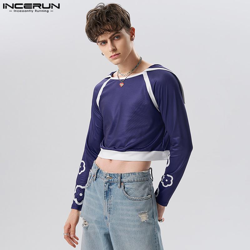 

INCERUN Мужские укороченные вязаные короткие топы с длинными рукавами и принтом