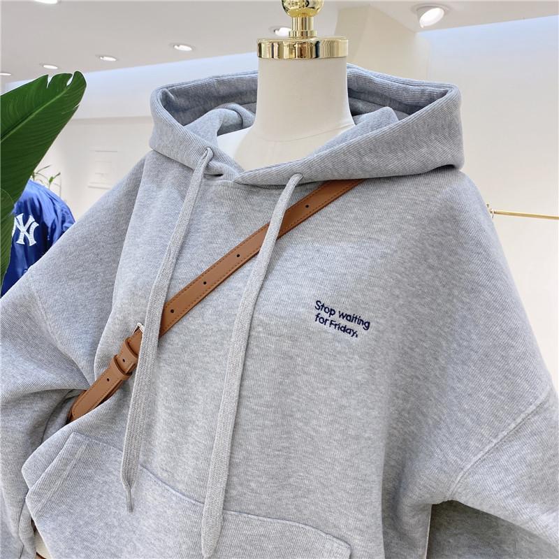 Autumn and Winter Women's Solid Hoodies Sweatshirts Loose Long Sleeve Tops Casual Sporty Thick Warm Ladies Pockets Hooded Pullover Sweatshirt