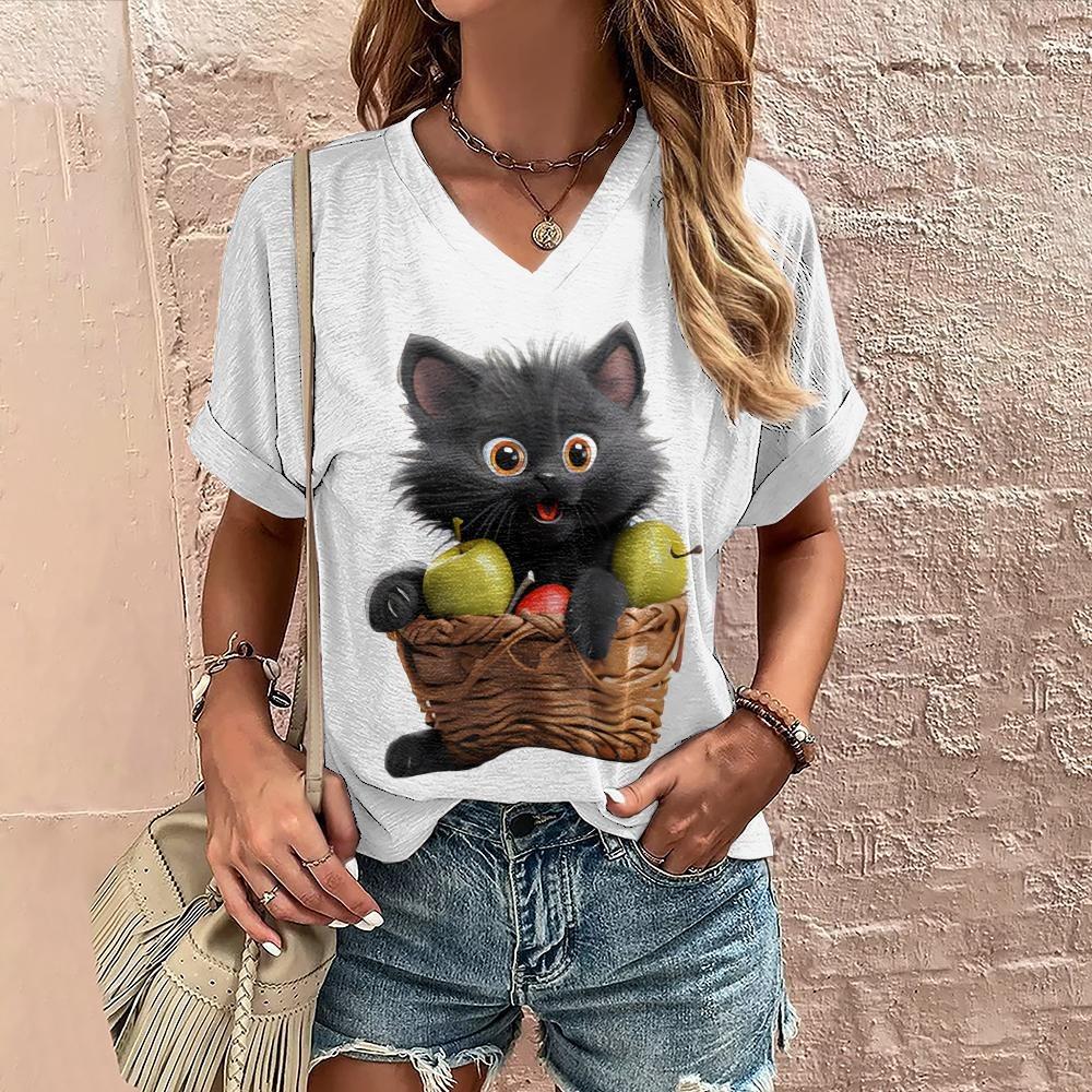 Letní dámské tričko s potiskem kočky Neformální trička s krátkým rukávem 3D trička Móda Pouliční oblečení Pulovr s výstřihem do V Dámské oversized oblečení