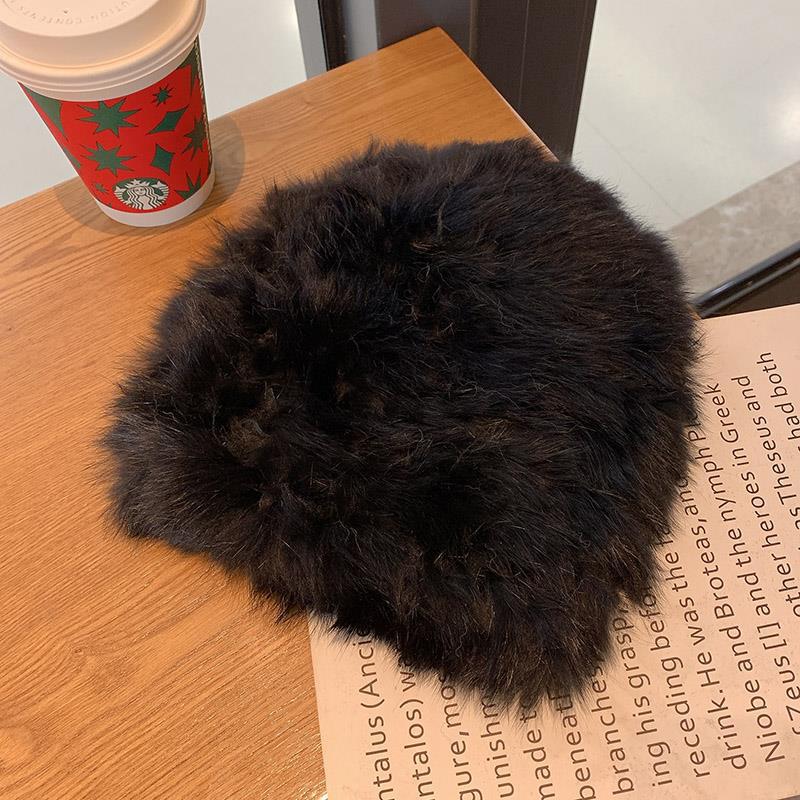 Thickened and Warm Real Rabbit Plush Fur One Piece Knitted Hat for Women In Winter  Versatile Knitted Toe Cap Woolen Hat for Cold Protection