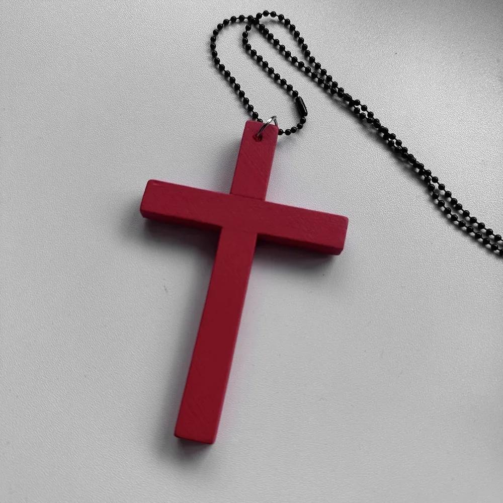 Neue Gothic Coole Y2K Holz Kreuz Anhänger Halsketten Unisex Schwarz Weiß Rot Hip Hop Charme Kette Choker Halskette Mode Schmuck