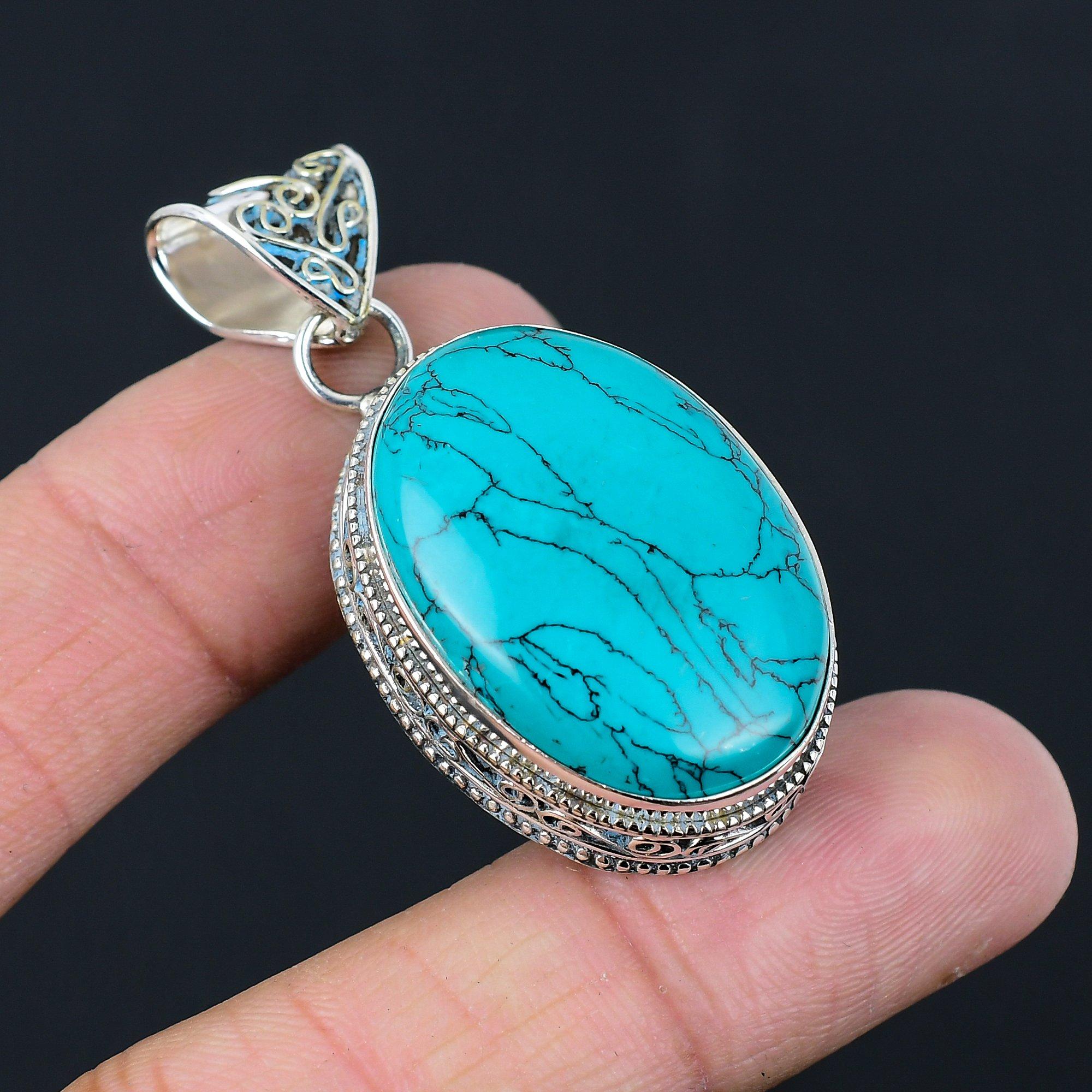 

925 Sterling Silver Oval Santa Rosa Turquoise Gemstone Unique Pendant Jewelry