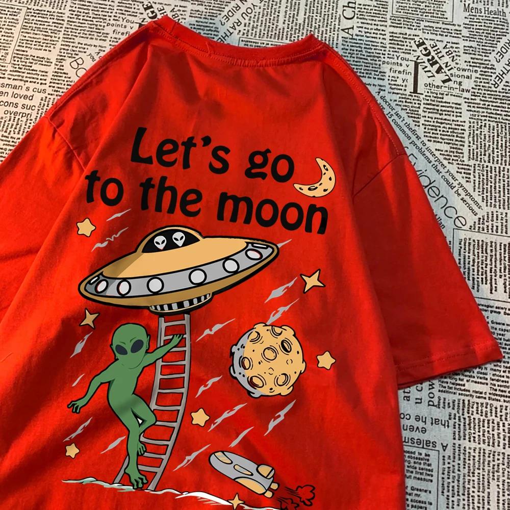 Let'S Go To The Moon Alien Ufo Mens T-Shirt Cotton Loose Tops Loose Crewneck T Shirts Casual Breathable T Shirt Couple Clothes