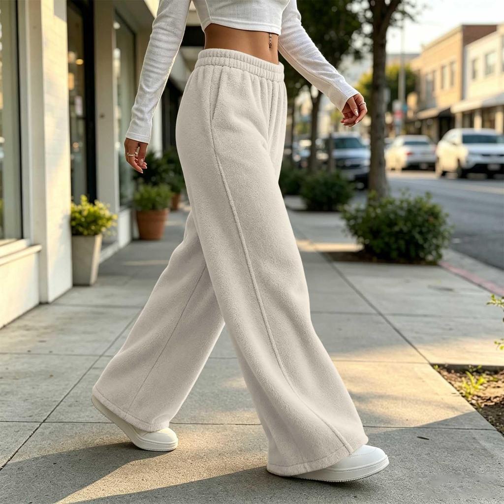 Winter Pants for Women Elastic Waist Fuzzy Wide Leg Casual Trousers