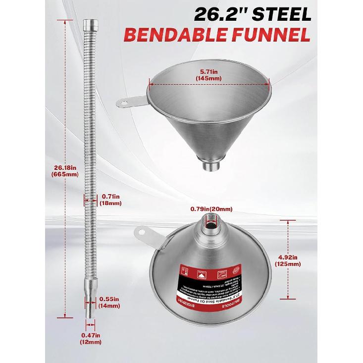 BILITOOLS 26.2" Steel Flexible Oil Funnel With Filter For Automotive Use, Metal Bendable Spout Funnel For Oil Fluids Change, Long Funnels For