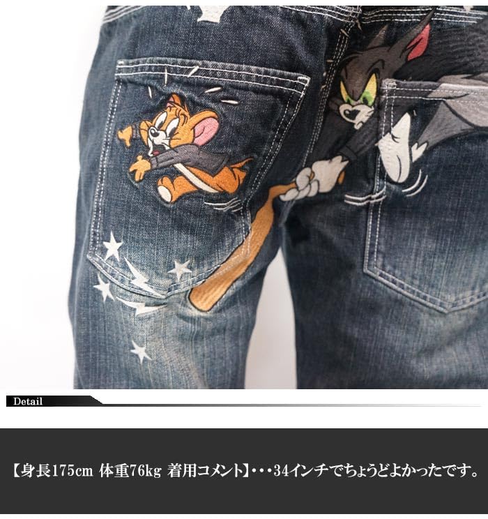 Vanson Tom Jerry Collaboration Embroidered & Men's Jeans, Denim, TJV-2516, Indigo-34