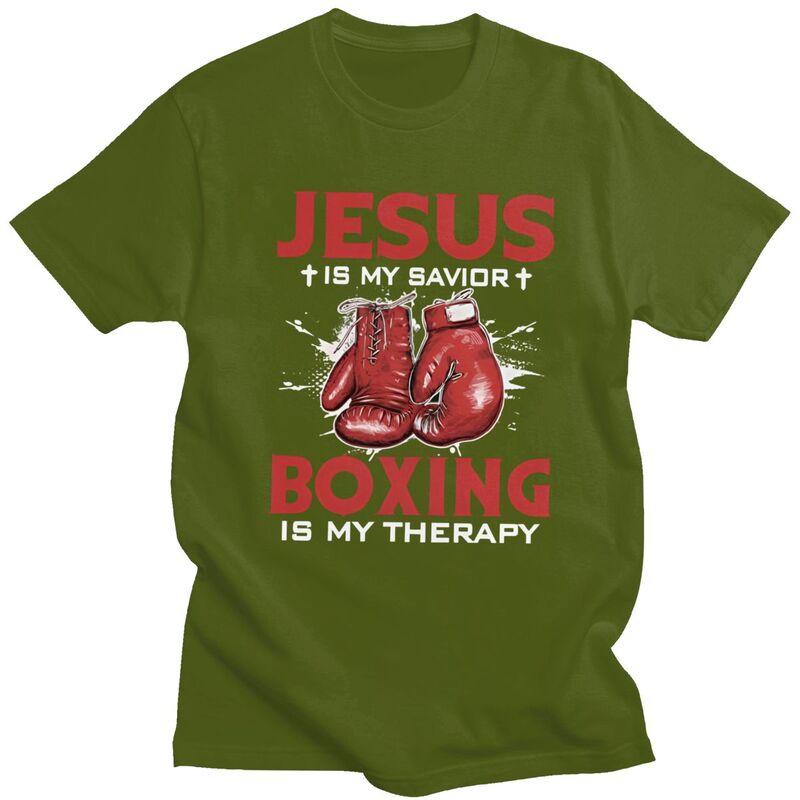 Jésus Est Mon Sauveur La Boxe Est Ma Thérapie T-shirt Pur Coton T-shirts Été Manches Courtes Col Rond Citations de Boxeurs T-shirts