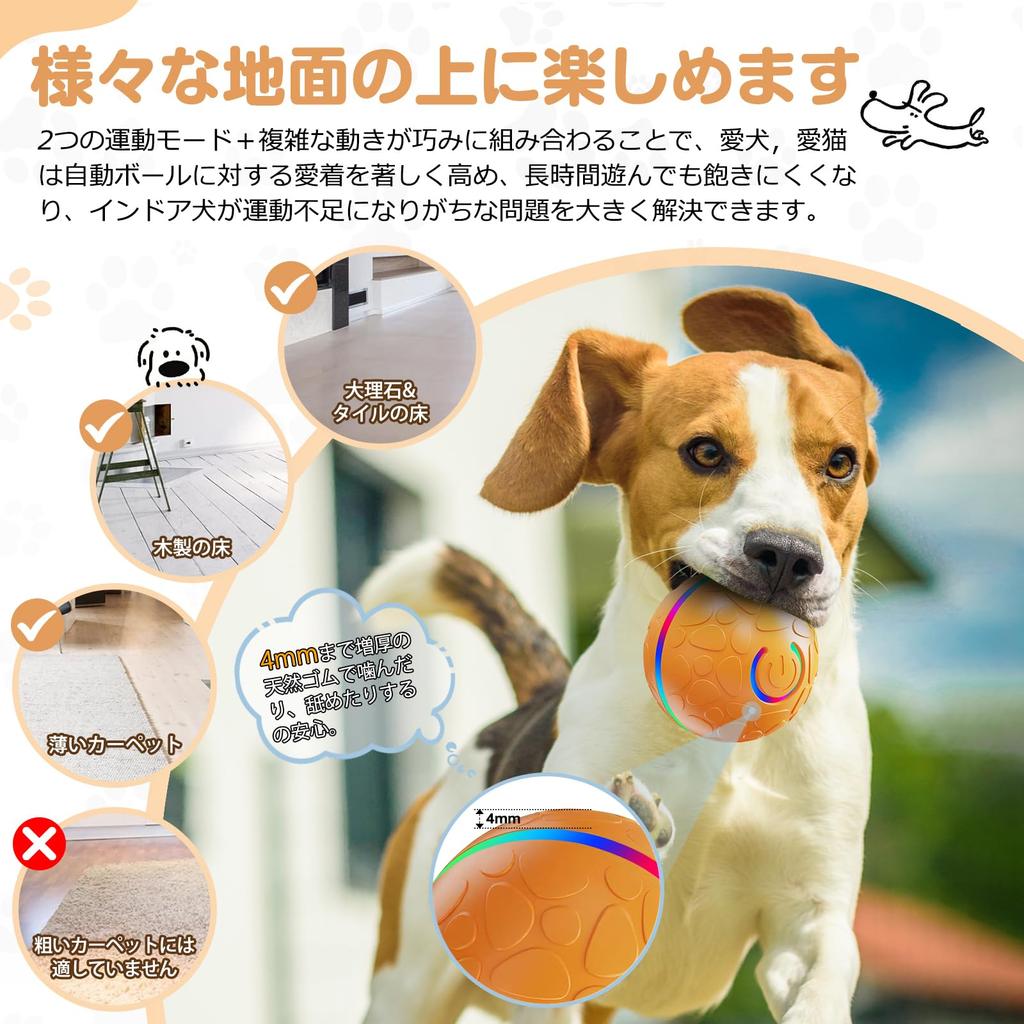 Candykenny 2026 Auto Moving Dog Ball Toy, Self Rotating Obstacle Avoidance LED Light Ball, USB Rechargeable Washable for Small Dogs Cats (Orange)