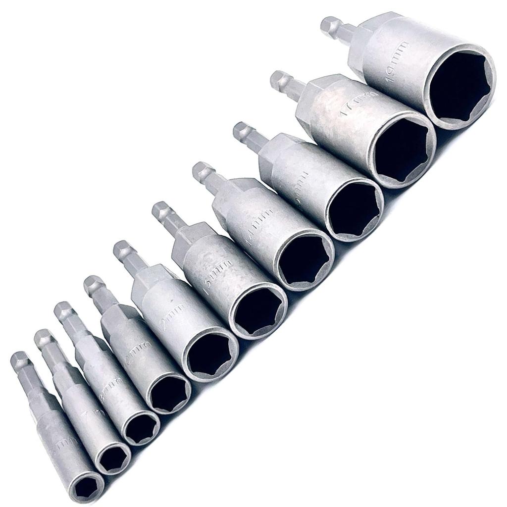 LEXOR Deep Socket Bit Impact Socket Adapter for Electric Drill Drivers Makita HiKOKI Compatible Hex Shaft 80mm Set of 10 6-19mm 6.35mm