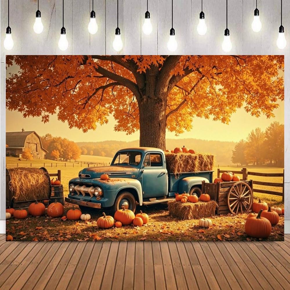 Autumn Harvest Photography Background Truck Fallen Leaves Maple Fruits pumpkin Sunflower Thanksgiving Party Decor Photo Backdrop6