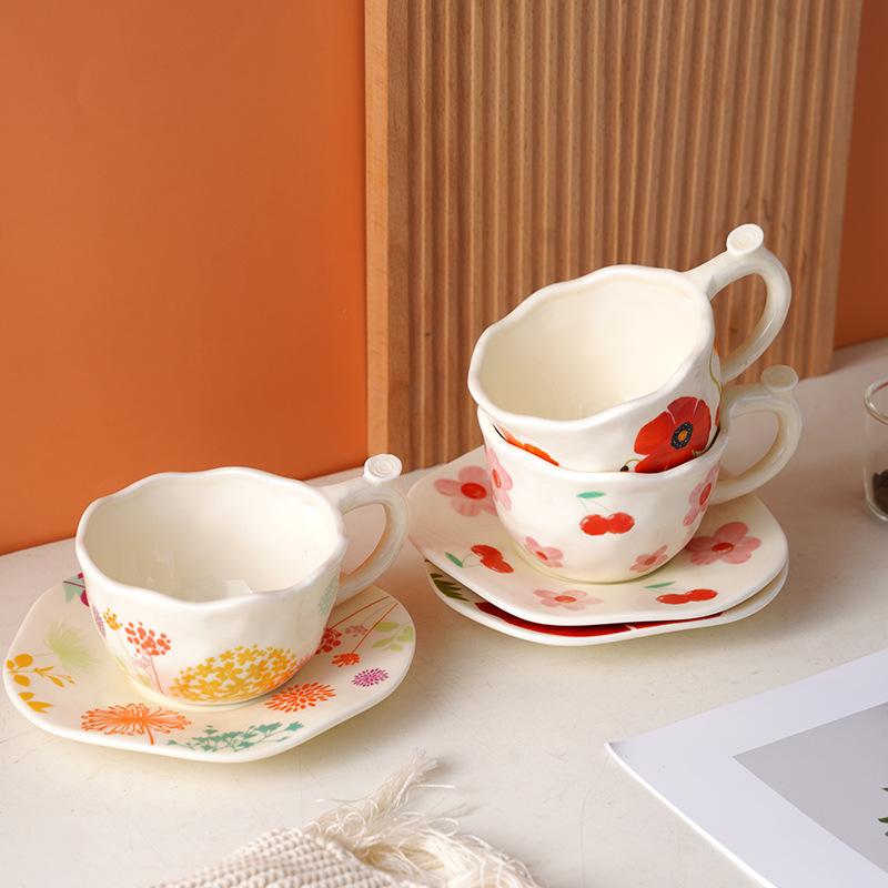 Exquisite Hand-painted Flower Ceramic Cup and Plate Set, Cute Coffee Mug, Office Breakfast Oat Milk Cups, Couple Christmas Gift