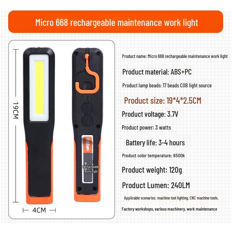 Fuliyang COB Rechargeable Handheld Work Light with Hook and Lithium Battery