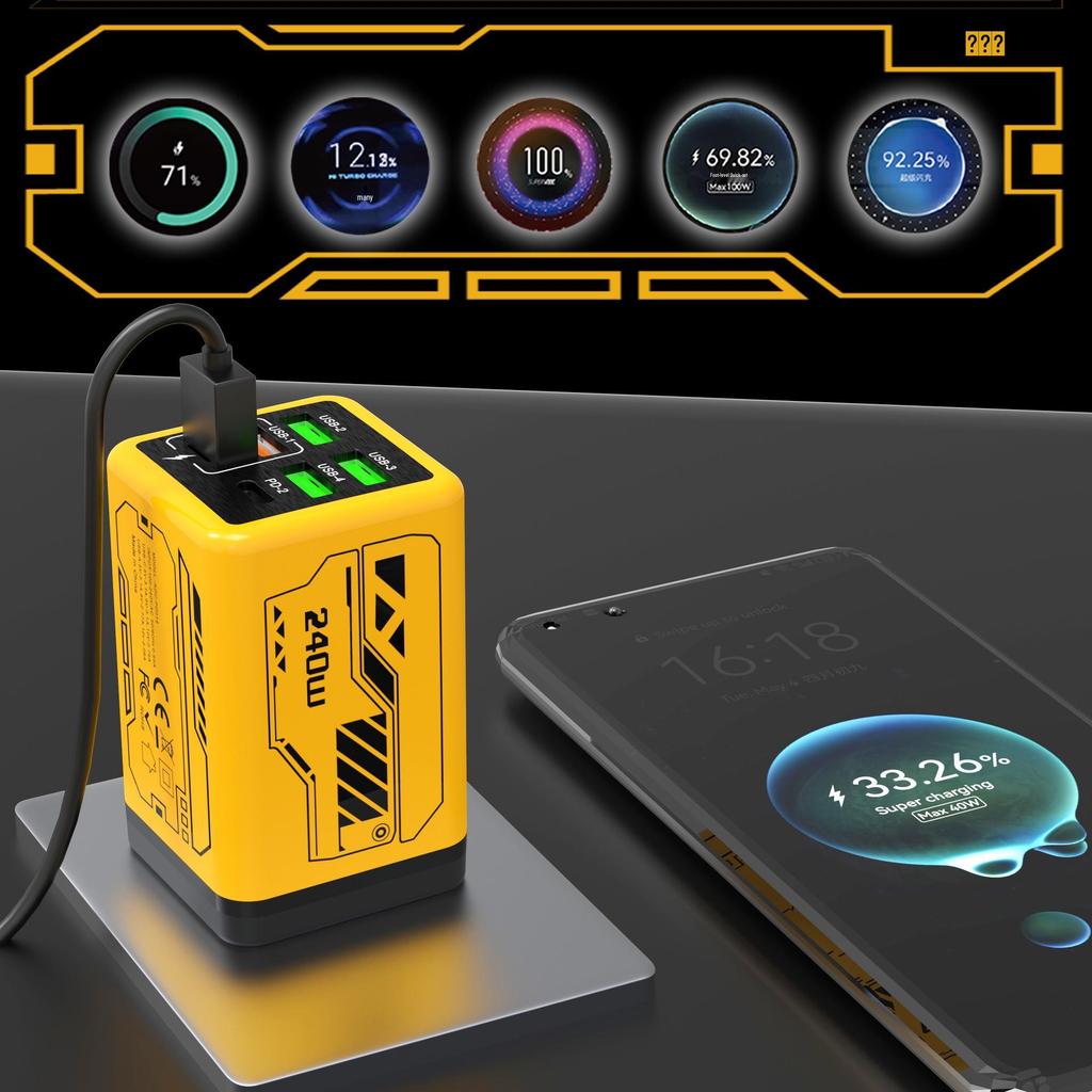Mecha Style PD240W Fast Charger: 4-USB & 2-Type-C Ports, Compatible with Apple & Huawei Devices