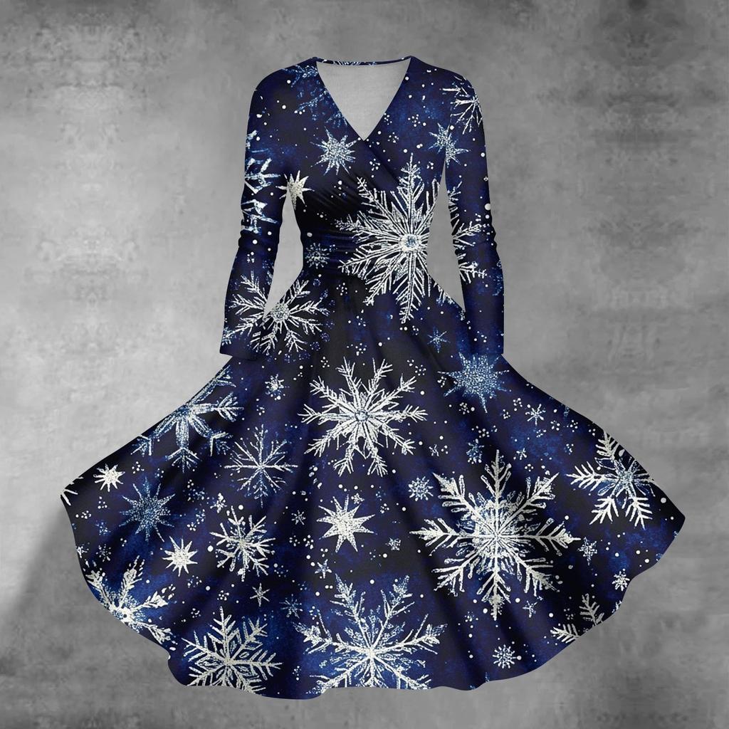 Women's Casual Fashion Christmas Printed Long Sleeve V-Neck Sexy Pocket Dresses