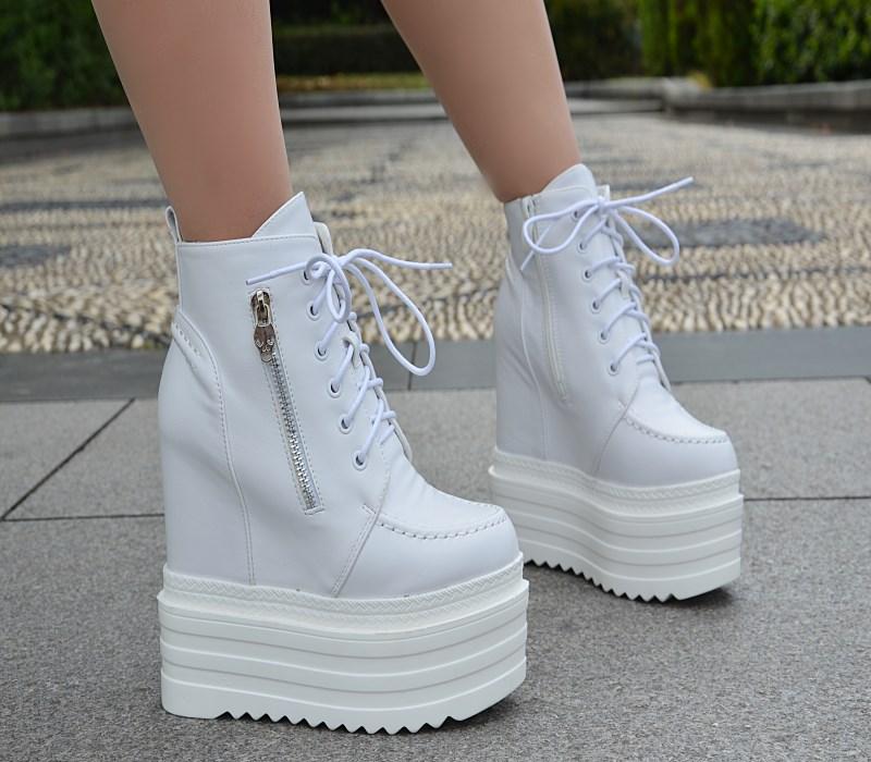 Fashion 15CM Sky-high Platform Platform Shoes Autumn and Winter Ultra-high Heels Women's Short Boots Inside Elevating Wedge Heels Q