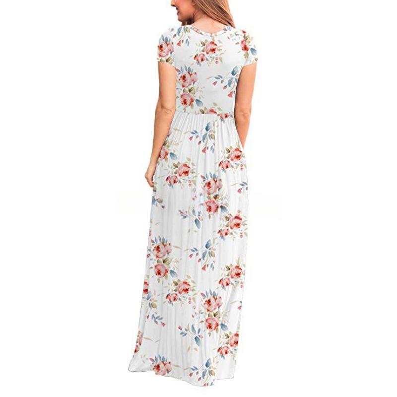 Women's Fashion Summer Spring Flower Pattern Print Short Sleeve O-Neck Casual Dresses