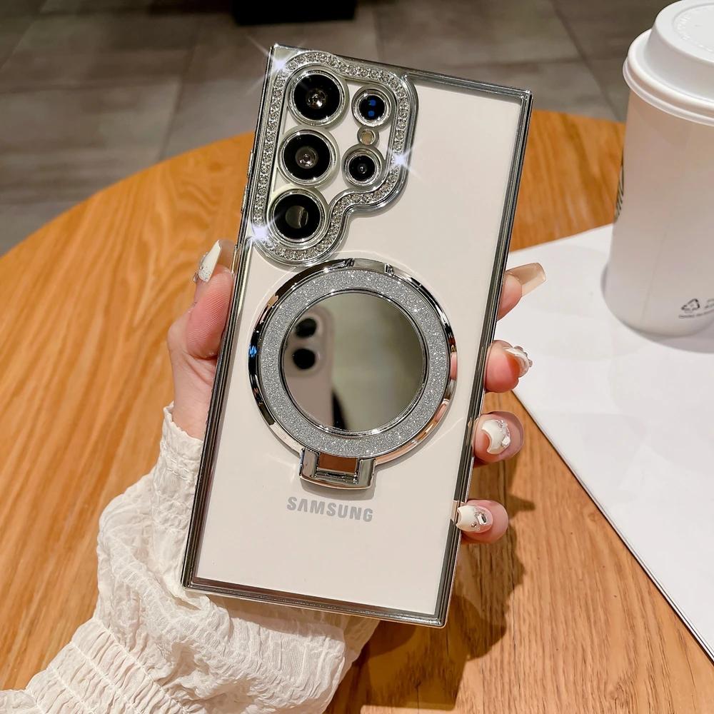 Luxury Diamond Plating Clear Magsafe Case For Samsung Galaxy S24 S23 Ultra S22 Plus Mirror Glitter Stand Holder Shockproof Cover