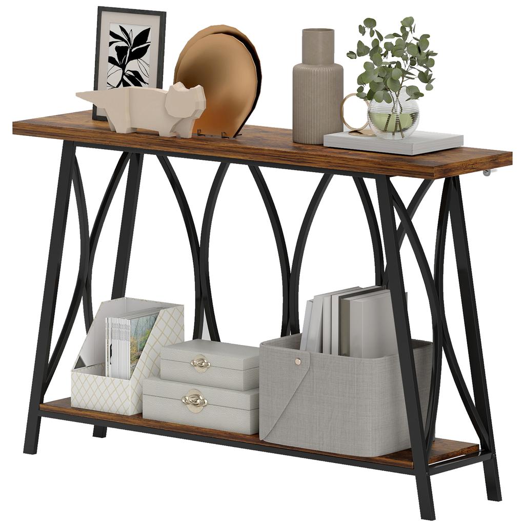 Narrow Console Table, Industrial 2-Tier Sofa Table with Metal Frame for Entryway, Living Room, 120x30x80cm, Rustic Brown