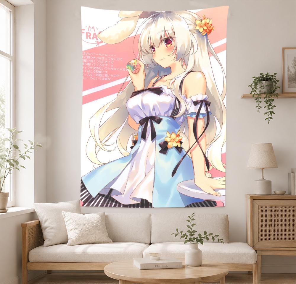 Cute Anime Girl Tapestry Wall Hanging Silver Hair Bunny Ears Blue White Dress Manga Art Bedroom Dorm Home Decor Fans Gifts
