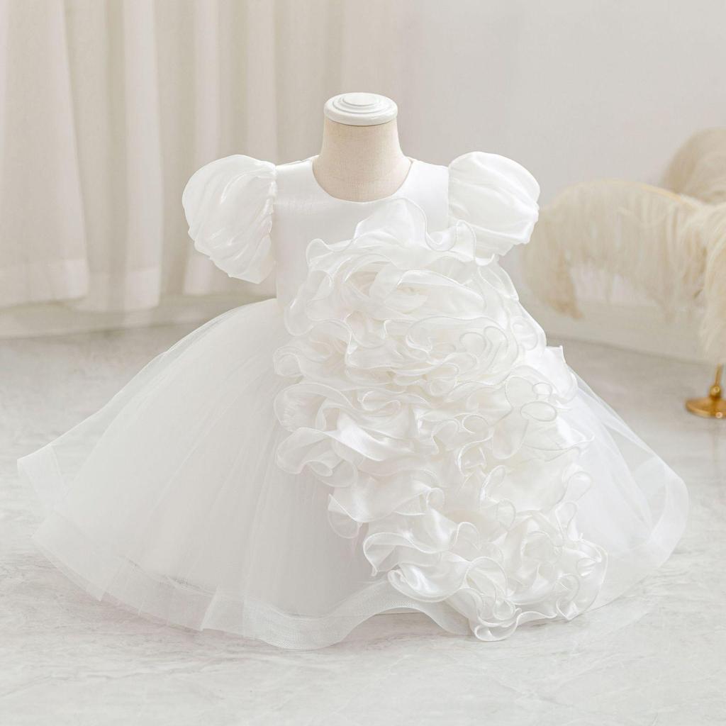 Girls' 3D Flower Princess Dress: First Birthday Puff Sleeves and Puffy Skirt