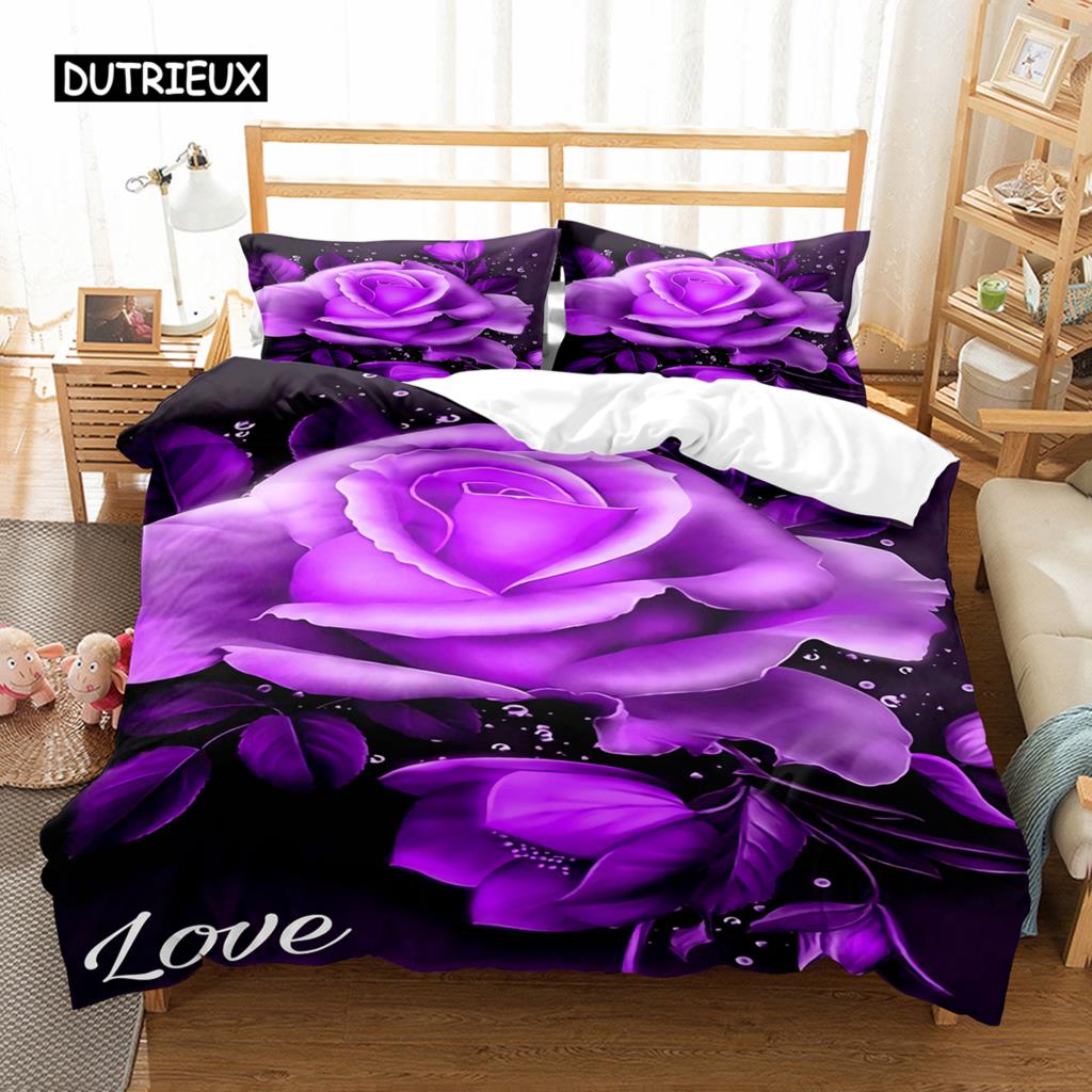 Romantische Rose Bettbezug Twin Queen Floral Bettwäsche Set Mikrofaser Blüte Blumen Steppdeckenbezug für Valentinstag Hochzeitsdeko