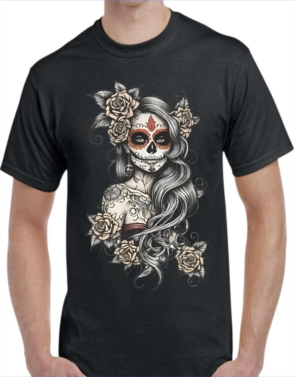 Женская сахарная череп Мужская футболка Белая или Черная или Серая Маленькая до 3XL S