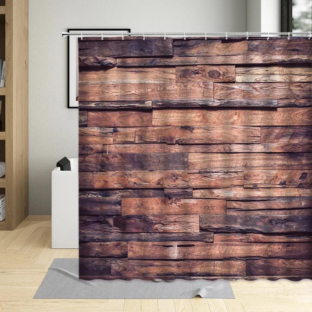 

Vintage Old Wooden Plate Shower Curtain Brown Geometric Stripes Bathroom Decoration Bathtub Screen Curtains Set Polyester Fabric W60H190(CM)-1 Pcs