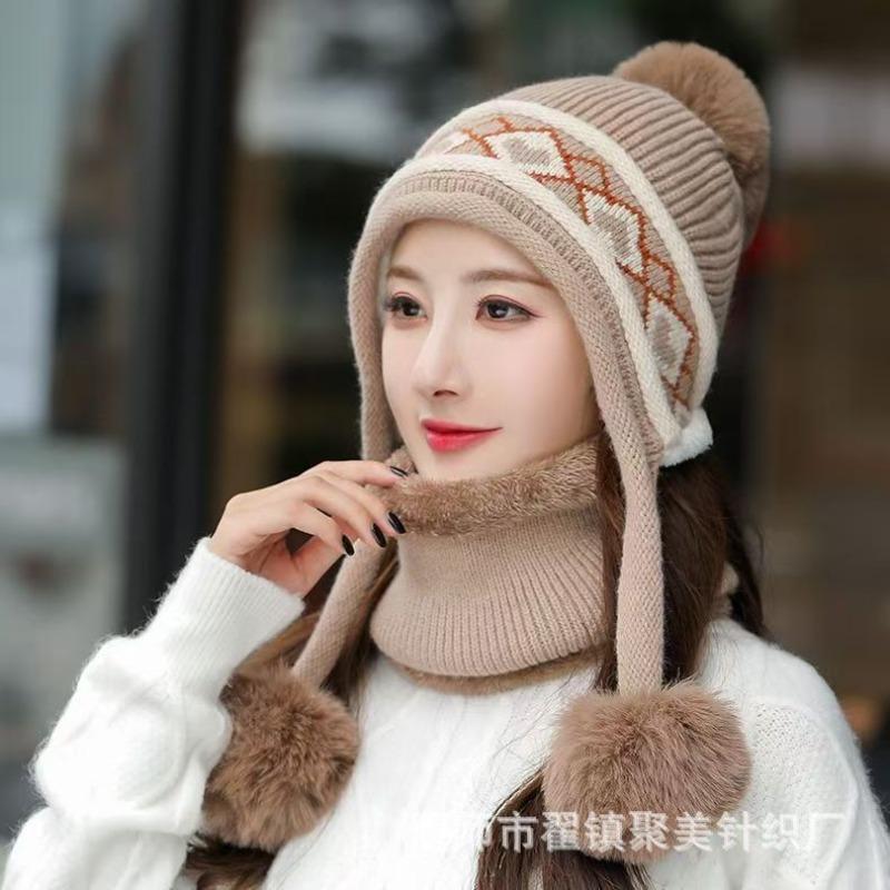 Winter Knitted Hat Cute Versatile Wool Cover Hat Fleece Thickened Thermal Ear Protection Hat Fleece Outdoor Cold-proof Milliner