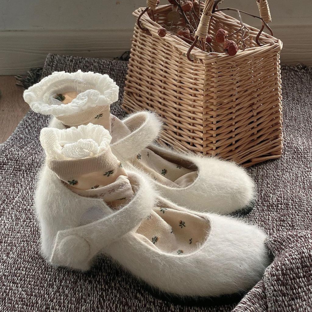 2025 Autumn and Winter New Mink Hair Velvet Mary Jane High Heels Round Head Thick Heel Versatile Lamb Wool Shoes Women