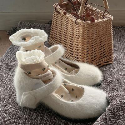2025 Autumn and Winter New Mink Hair Velvet Mary Jane High Heels Round Head Thick Heel Versatile Lamb Wool Shoes Women