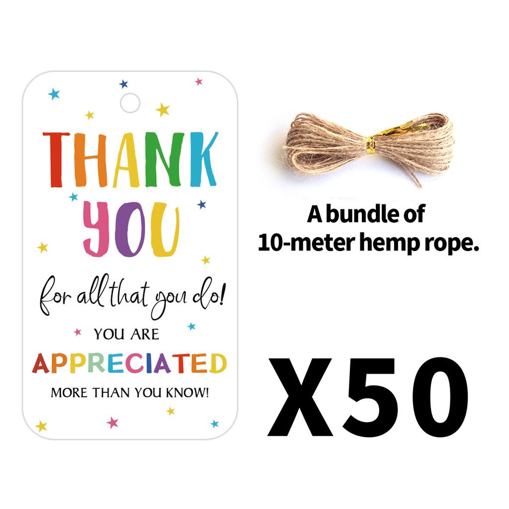 50Pcs Teacher Appreciation Hanging Tags with Jute Rope, School Party Decorations Gift Wrapping Labels, Thank You Cards