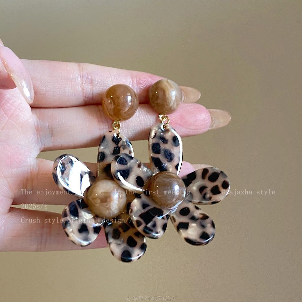 European and American retro fabric flower fringed leopard print earrings earrings personalized temperament earrings women