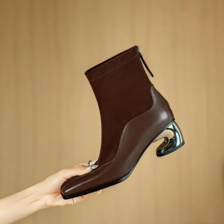 New 5.5cm Irregular Curved Heel Sheep Suede Short Boots  Autumn/Winter Fashion Short Plush  Warm Black Brown Ankle Boots Size 40