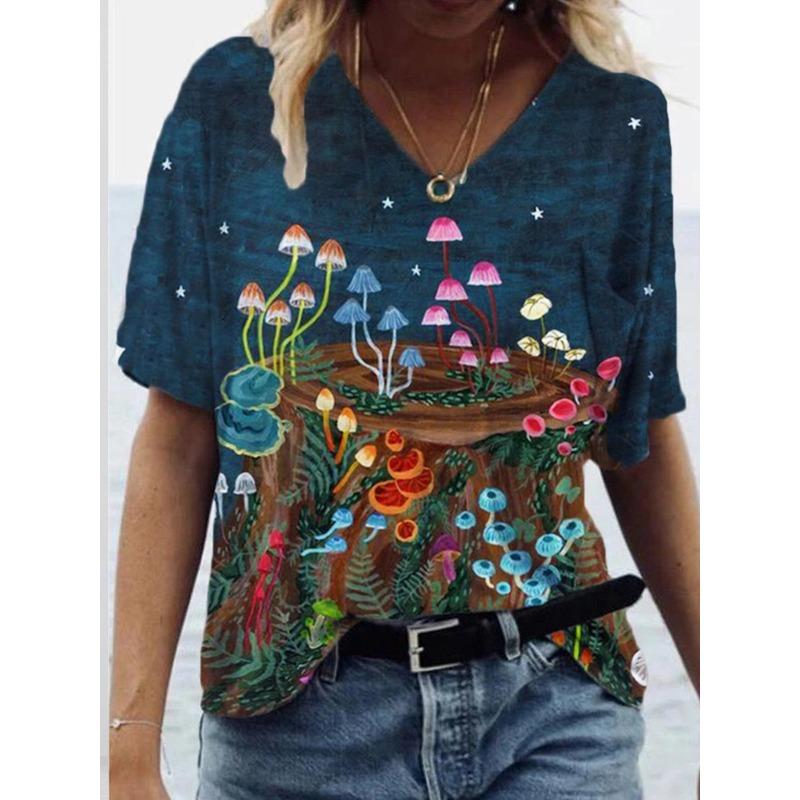 Sommer Graffiti Blume 3D-gedrucktes Kurzarm Damen V-Ausschnitt Buntes Lässiges Vielseitiges T-Shirt