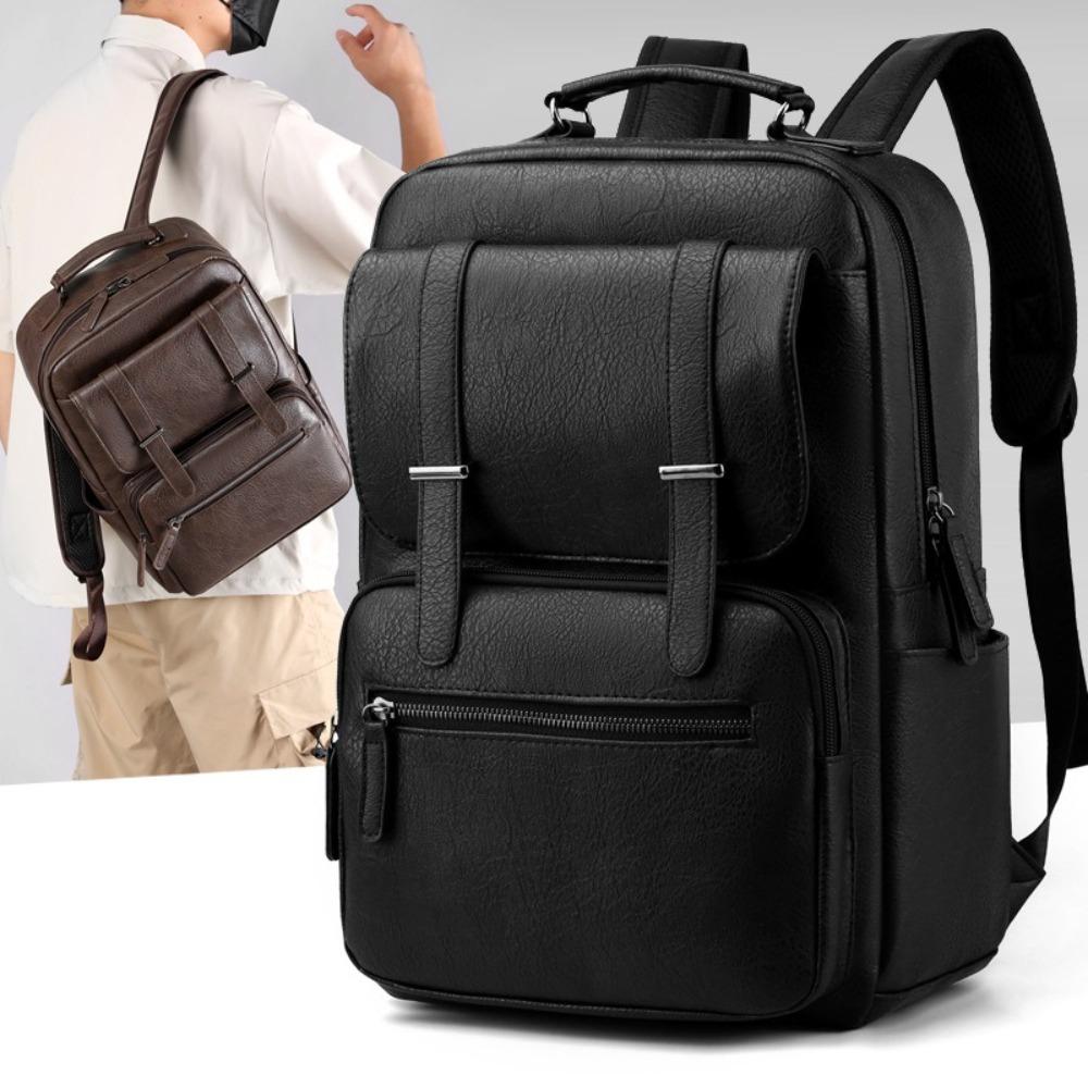 High Quality PU Leather Men's Backpack Solid Color Waterproof Computer Laptop Bag Durable Casual Travel Bag