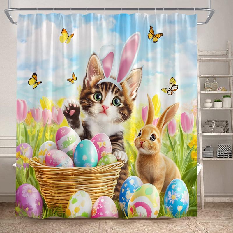 Funny Bunny Easter Shower Curtains Butterfly Watercolour Floral Rabbit Eggs Rustic Fabric Home Bathroom Curtain Decor With Hooks