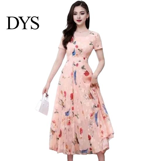 Lightweight Printed Dress Women Party A-line Big Swing Ice Silk O Neck Summer Short Sleeves High Waist Mid-calf Length Prom Dating Midi