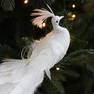 Colorful Artificial Christmas Peafowl Glitter Feather Long Tail Christmas Bird Ornaments with Clip Handmade Christmas Tree Decor