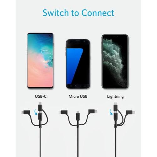 Anker PowerLine II 3-in-1 Kabel (Lightning-/USB-C-/Micro-USB-Anschluss) MFi-zertifiziert, iPhone-/Android-kompatibel (0,9 m Schwarz)