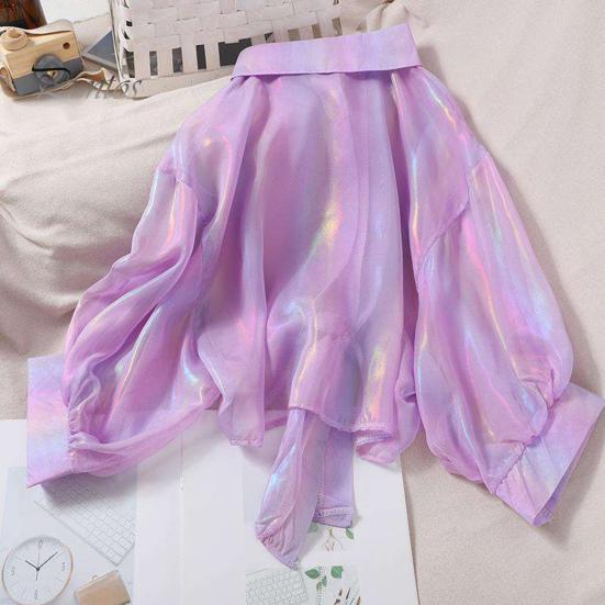 Women Sun Protection Shirt Lapel 3/4 Sleeve Rainbow Bright Color Shirt Single Breasted Bow Tie Style Top Thin Chiffon Shirt