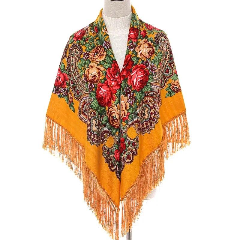Women Russian Style Big Square Scarf Shawl Retro Fringed Cotton Print Scarves Hijab Wraps Ethnic Shawls Bandana