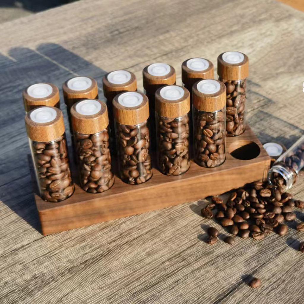Wooden Coffee Beans Flower Tea Display Rack Stand Glass Test Tube Sealed Storage Cereals canister