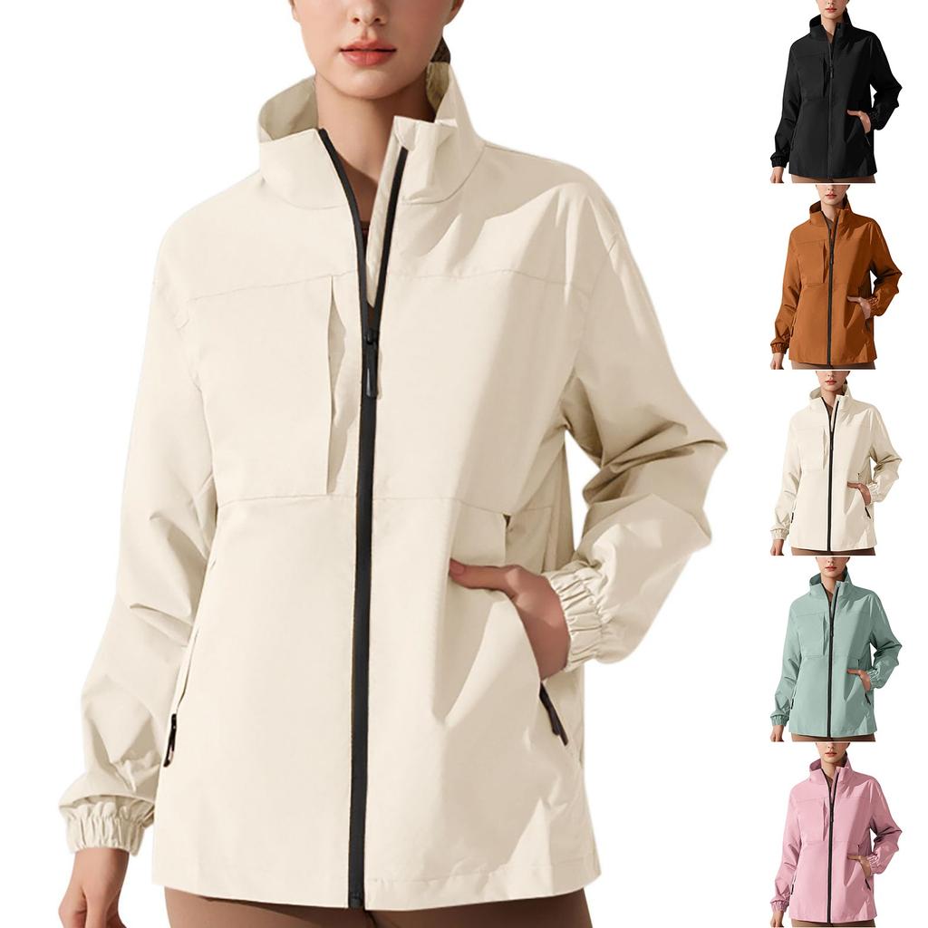 Giacca antipioggia da donna a righe solide Outdoor Plus Impermeabile con cappuccio impermeabile antivento