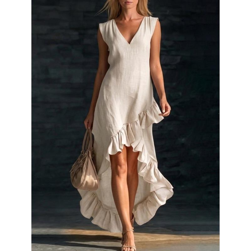 MGHR Women's Fashion Summer Spring V-Neck Sleeveless Solid Color Print Casual Dresses