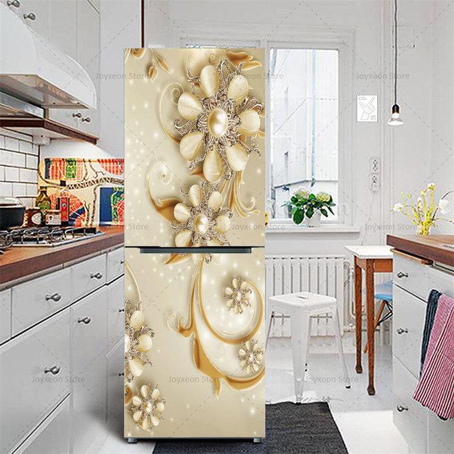 Autocolant pentru frigider cu flori retro, fundal albastru deschis, vinil, PVC, impermeabil, autocolant, poster mural, autocolant decorativ pentru frigider