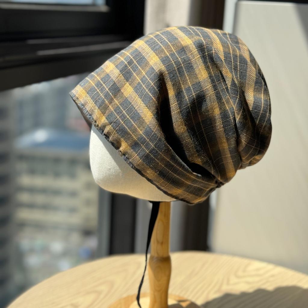 New Niche Plaid Lace Up Pullover Hat for Women Personality Irregular Baotou Hat Lazy Style  Face Showing Small Pile Hat