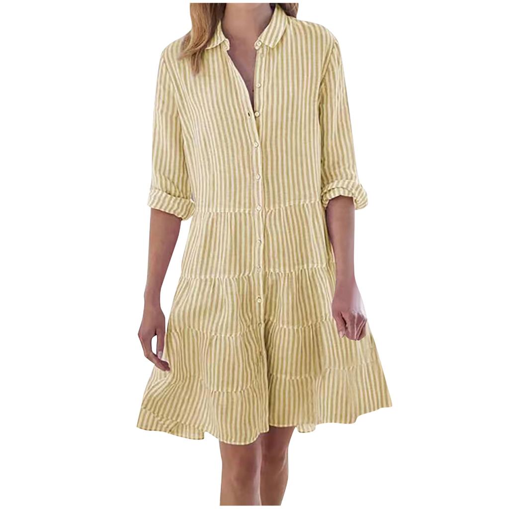 Y2K Women Striped Long Sleeve Mini Dresses Commuter Lapel Single-Breasted Shirt Dress Fashion Hem A-Line Party Dress